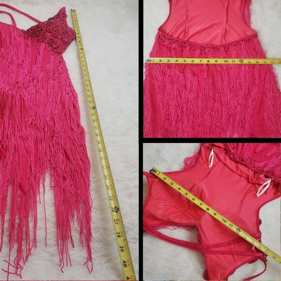 Women's Medium Pink Latin Ballroom Dance Fringe Rhinestone Dress Costume - Picture 7 of 16